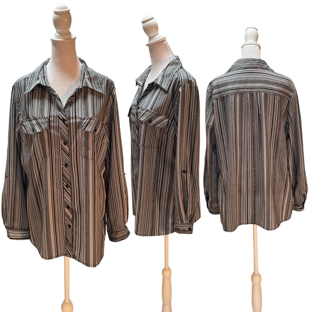 Notations Black, White, Gray & Shiny Silver Striped Long Sleeve Button Up Top L